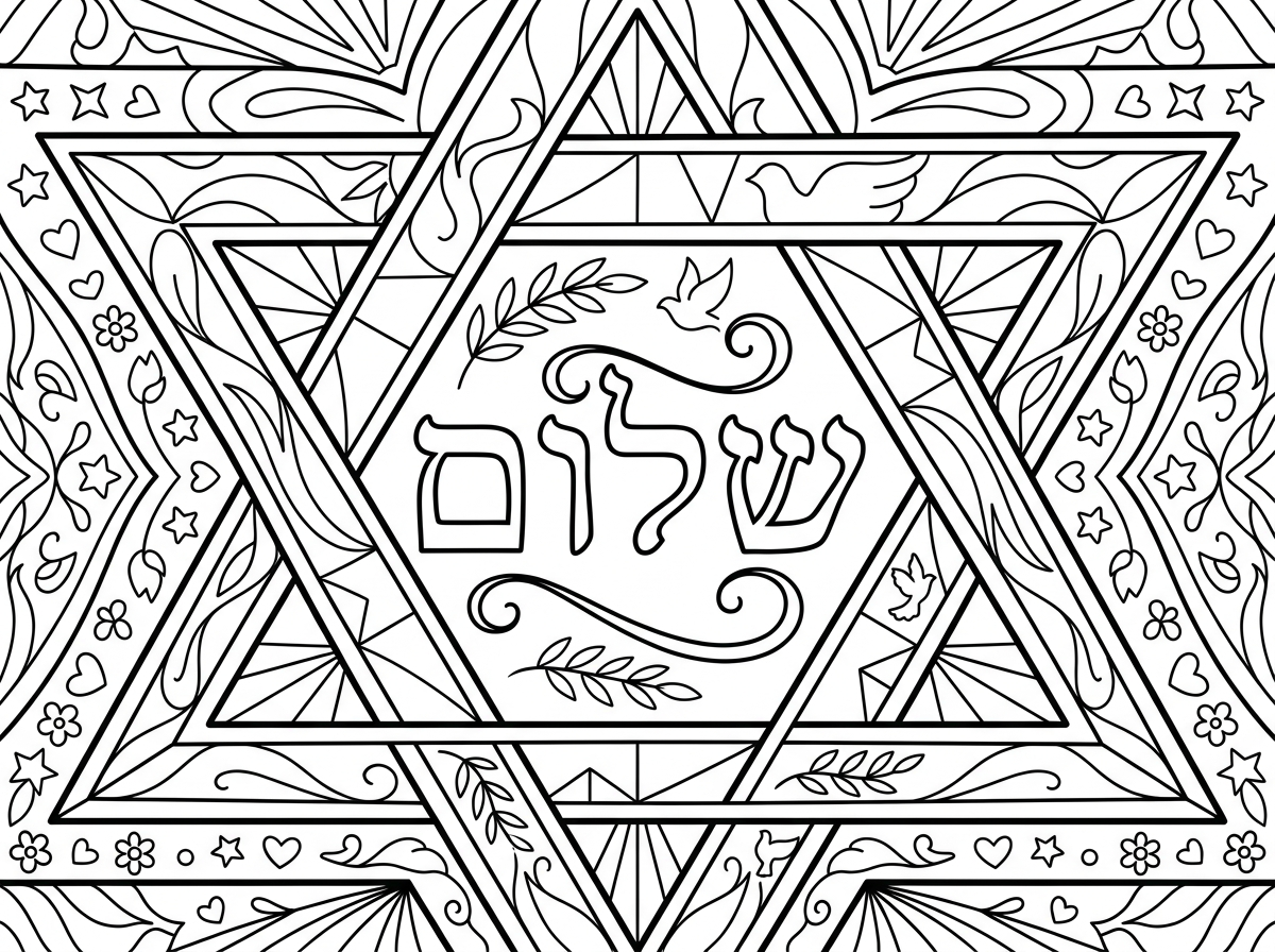 תצייר לי דף צביעה של מגן דוד שכתוב עליו שלום שיהיה דף יפה לא עמוס מידי ולא ריק מידי