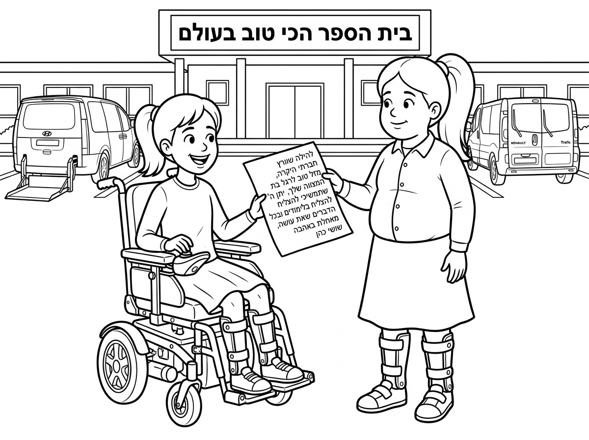 בחניית בית הספר
ילדה בגיל 12 עם קוקו קצר חצאית פרחונית, ובדים בשני הרגלים, וחיוך רחב, על כסא גלגלים ממנוע
לצידה עומדת ילדה בגיל 12 קצת שמנמנה עם קוקו ארוך יחסית, חצאית חלקה, חולצה מכופתרת, וסדים בשני הרגלים.
זאת העומדת נותנת מכתב ברכה לילדה שעל הכיסא גלגלים ועליו כתוב להילה שוורץ חברתי היקרה, מזל טוב לרגל בת המצווה שלך, יתן ה' שתמשיכי להצליח בלימודים ובכל הדברים שאת עושה, מאחלת באהבה שושי כהן 
ומאחור בית בניין בית ספר שעליו כתוב בית הספר הכי טוב בעולם
נראה בחניה רכב יונדאי סטריה עם מעלון נכים, ורכב מסוג רנו טרפיק.