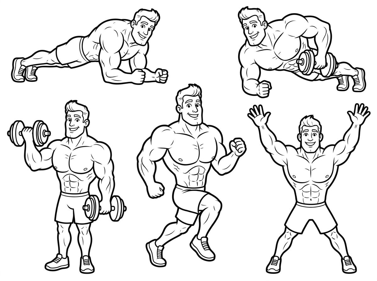 Strong man with a puffed-up chest doing plank and other fitness exercises