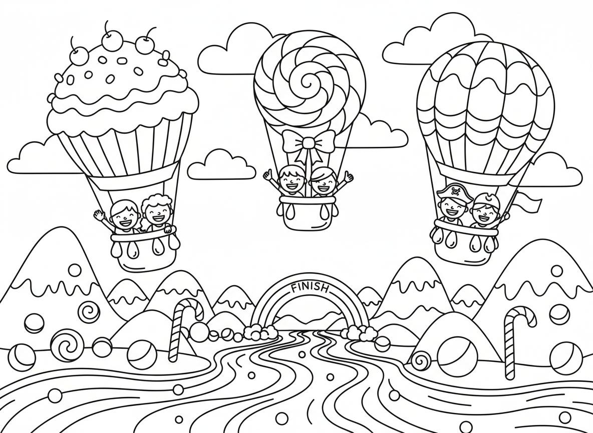 מירוץ כדורים פורחים מעל ארץ הממתקים - כדורים פורחים צבעוניים בצורת קאפקייקס וסוכריות, עפים מעל נהרות שוקולד והרי סוכריות, עננים של מרשמלו, ילדים מנופפים מסלי הכדורים, וקו סיום קשת