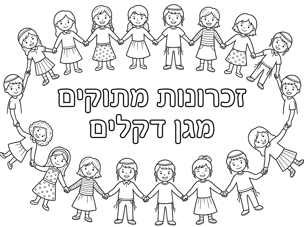תכין לי בבקשה דף צביעה שכתוב עליו זכרונות מתוקים מגן דקלים .
מסביב לעשות מסגרת של ילדים מחייכים נותנים ידיים, הבנות עם חצאית והבנים עם כיפה וציצית