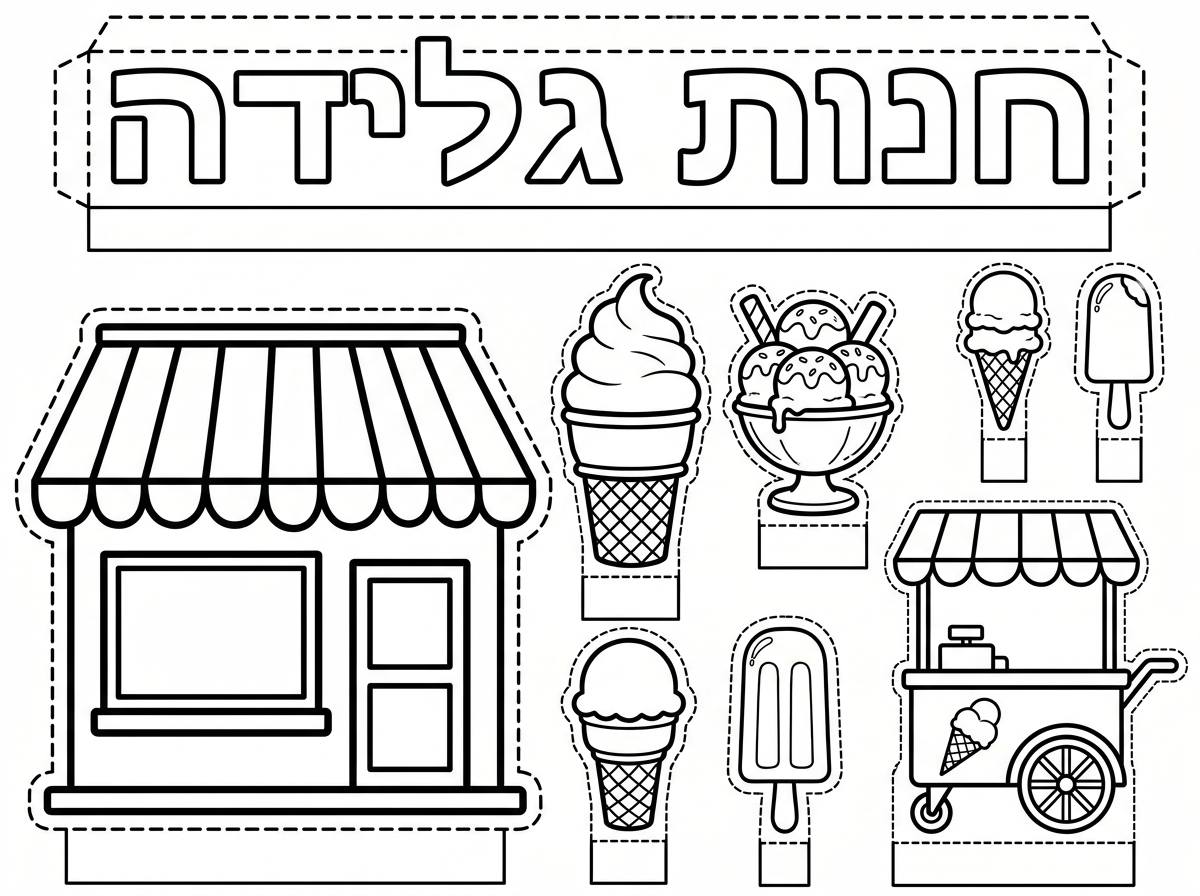 צור לי דף צביעה תלת מימד עם קו לגזירה בנושא חנות גלידה. כולל כותרת
"חנות גלידה" באותיות חלולות לצביעה