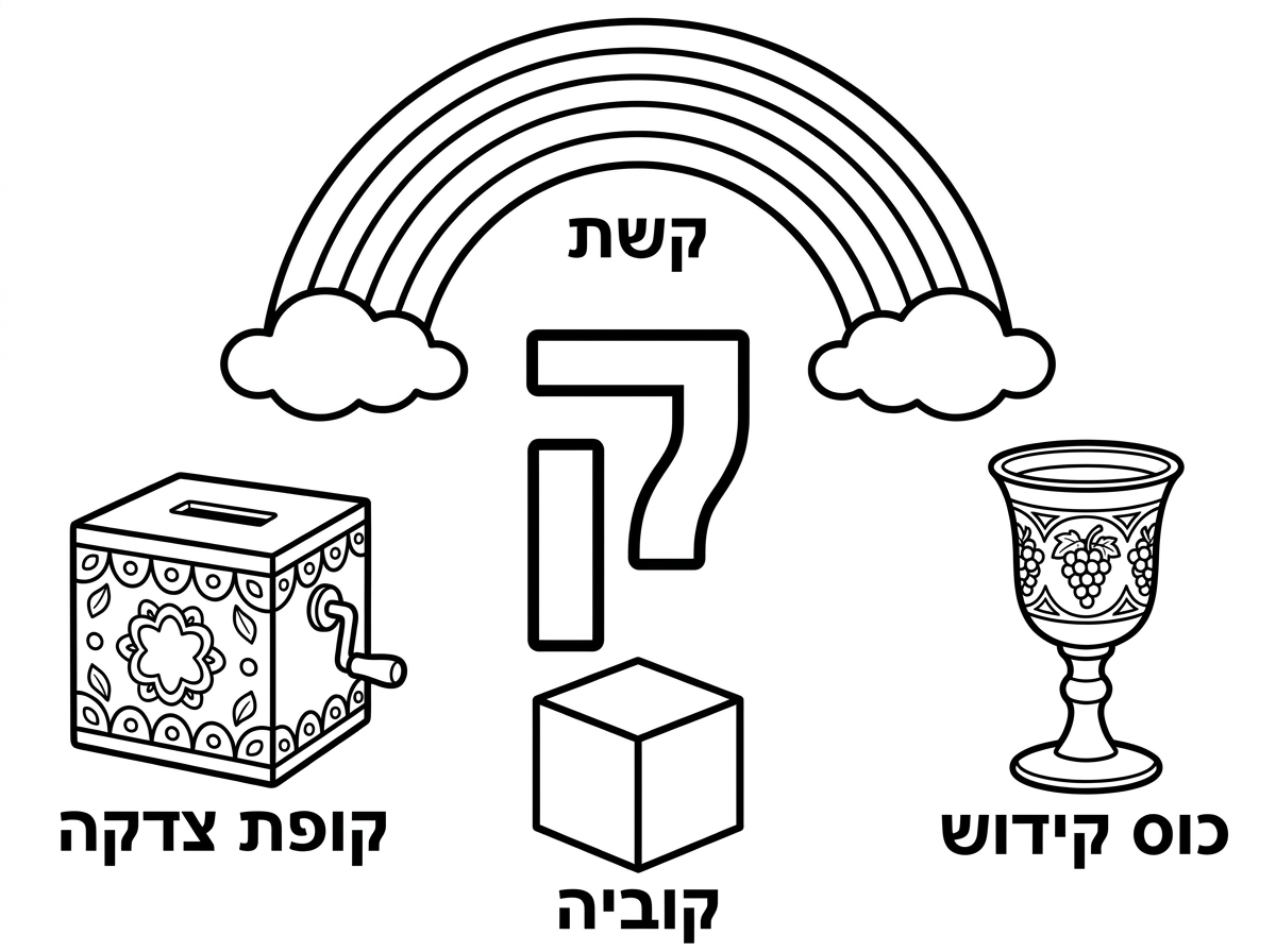 הפעם אם אפשר עם הפריטים: קשת בשמיים, קופת צדקה, כוס קידוש וקוביה, כשהאות ׳ק׳ מצויינת וגם כל שם של כל פריט