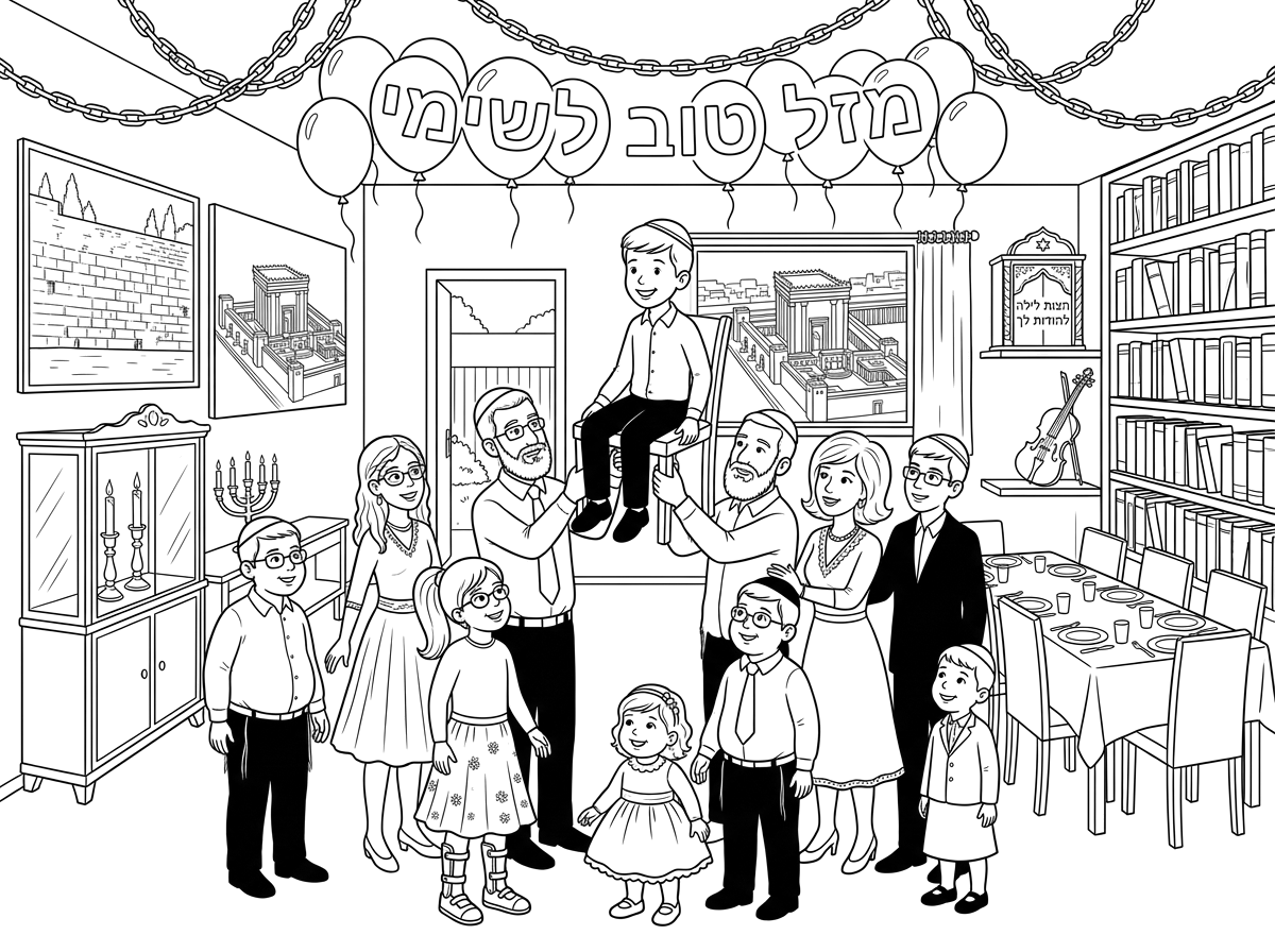 יפה מאוד אבל לא הכנסת את כלל הילדים לפי התיאור הבנות ללא כיפה כמובן. וספריה יותר גדולה מזו.
משפחת כהן
במסיבת יום הולדת לשימי החמוד 
יש שרשרות תלויות בבית של בלונים שעליהם כתוב מזל טוב לשימי
ילד בגיל 7 רזה עם כיפה תספורת יפה וכיפה לראשו יושב על כסא וכולם מרמים אותו
אבא עם חולצה לבנה וכיפה וזקן בינוני ועניבה ומשקפים 
אמא עם פאה לבושה בשמלה חגיגית
בחורה כבת 17 בלבוש חגיג עם חצאית ומשקפים 
בחור כבן 14 עם חולצה לבנה וכיפה לראשו וחליפה ומשקפים 
בחור כבן 13  קצת שמנמן עם חולצה לבנה וכיפה לראשו  ומשקפים
ילדה כבת 12 עם סדים ברגליים עם קוקו וחצאית בלבוש חגיגי ומשקפים וקצת שמנמנה
ילד כבן 10 וקצת שמנמנן במכנס שחור וחולצה לבנה ועניבה ומשקפים 
ילד כבן 8 לובש מכנס שחור וחולצה לבנה ועניבה 
ילדה כבת 4.5 לבושה חגיגי עם שמלה ושמנמנה
כולם במרכז בית משפחת כהן אשר בצד הסלון הגדול יש את המטבח המאובזר בצד שני יש ספריה גדולה
ולצידה על מדף ארון קודש קטן עליו כתוב חצות לילה קם להודות לך וציור של כינור
נראה דלת יציאה לחצר קטנה מטופחת וחמודה
בחלון הבית נראה נוף ירושלמי יפה
בצד נוסף ויטרינה יפה של נרות שבת שני נרות עם פמוטות וקנדבלה מעוטרת בעלת 5 קנים.
על הקיר שני תמונות יפות גדולות אחת של הכותל המערבי ואחד של בית המקדש.
בצד שולחן ערוך עם 10 מקומות ישיבה ליום הולדת