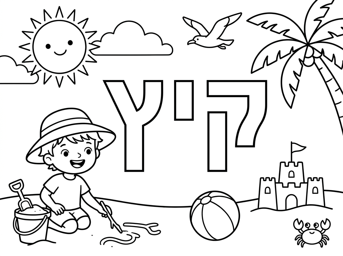 אשמח שתצור לי דף צביעה שבאמצע יהיה כתוב קיץ באותיות חלולות שילדים יוכלו לצבוע ויהיה מצויר ילד עם כובע שמשיה.