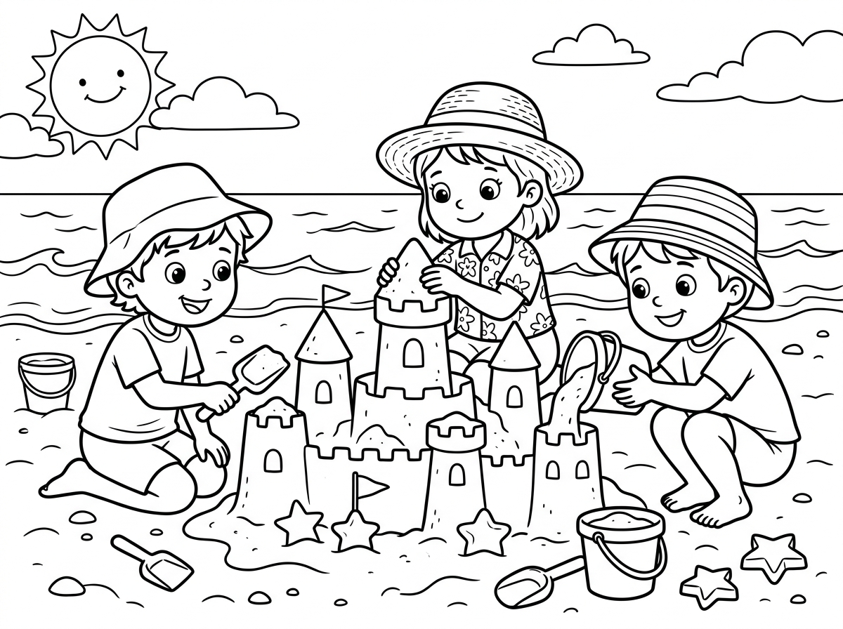 תיצור לי דף צביעה של 3 ילדים עם כובעי שמש בונים ארמון בחול בחוף הים