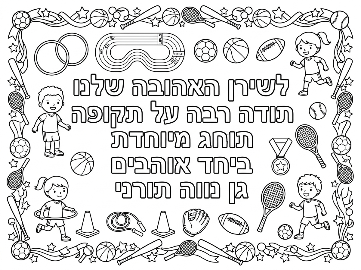 אני רוצה שתיצור לי דף צביעה לרוחב בגודל אי 4
שיהיה כתוב עליו לשירן האהובה שלנו
תודה רבה על תקופה מיוחדת ביחד
אוהבים גן נווה תורני
שיהיה אפשרי לצבוע את הבפנים של הכיתוב הזה.
ושברקע יהיה דברים שמתאימים לספורט של ילדים כמו חישוקים, מסלול , כדור, קונוסים וכדומה
ותוסיף מסגרת נחמדה לדף