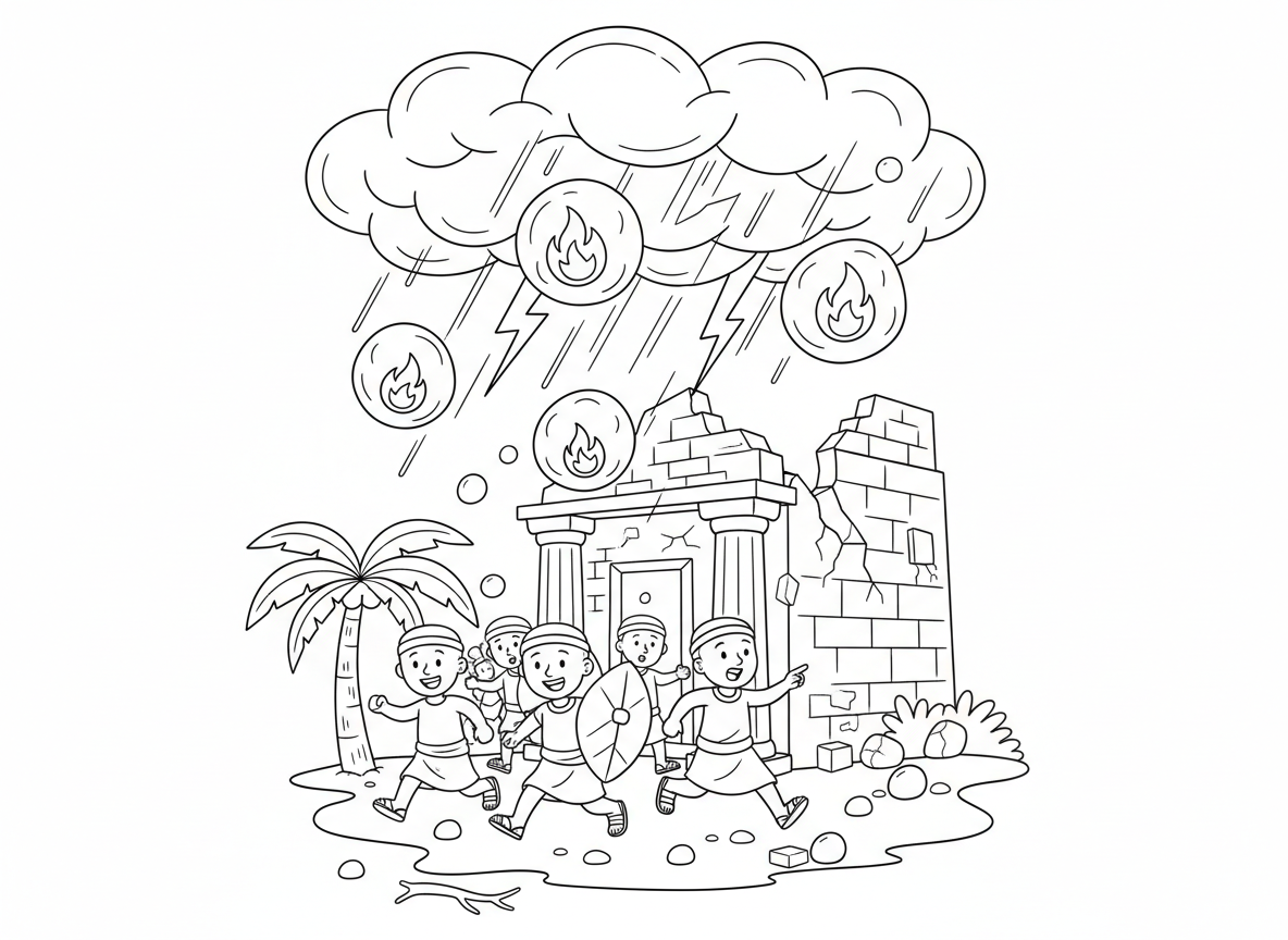 מכת ברד ואש - סצנה דרמטית וידידותית לילדים של מכת ברד עם אש בפנים, אבני ברד ענקיות עם אש בוערת בתוכן נופלות מהשמיים, מצרים רצים למחסה, מבנים פגועים, שמיים סוערים