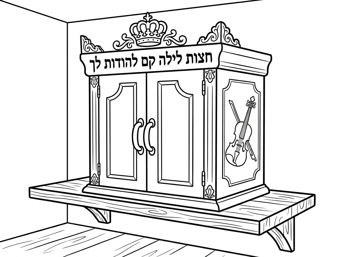 צייר לי ארון קודש קטן גובה 60 ס"מ רוחב 50 ס"מ עומק 40 ס"מ על מדף בפינת הבית עם עיטורים בפינות הארון וכתר יפה מעל הארון וכיתוב של חצות לילה קם להודות לך ככותרת של הארון
 בדופן הצד הארון חריטה של כינור דוד