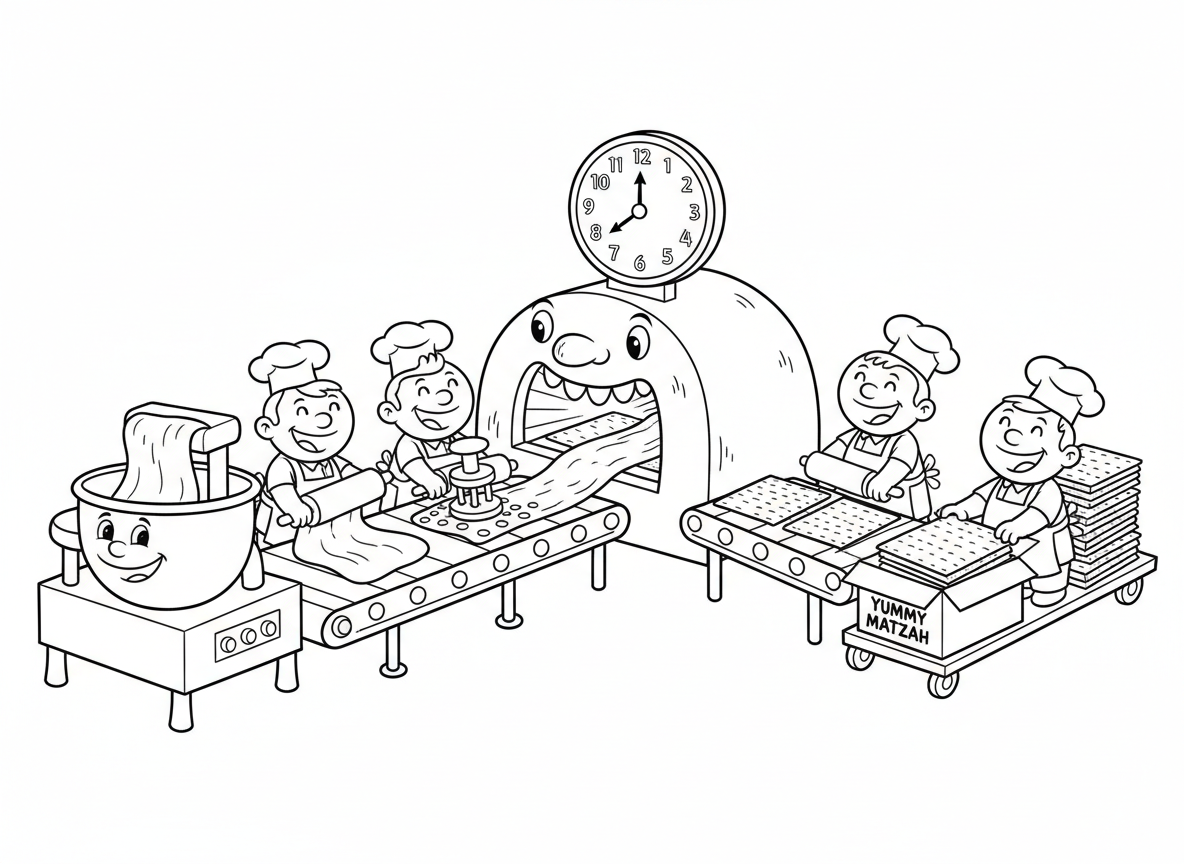 פס ייצור במפעל מצות - מפעל מצות מודרני ומצחיק עם פס ייצור, בצק מרודד, חורים מנוקבים, עובר דרך תנור ארוך, עובדים בסינרים, קופסאות מצות בסוף, טיימר 18 דקות