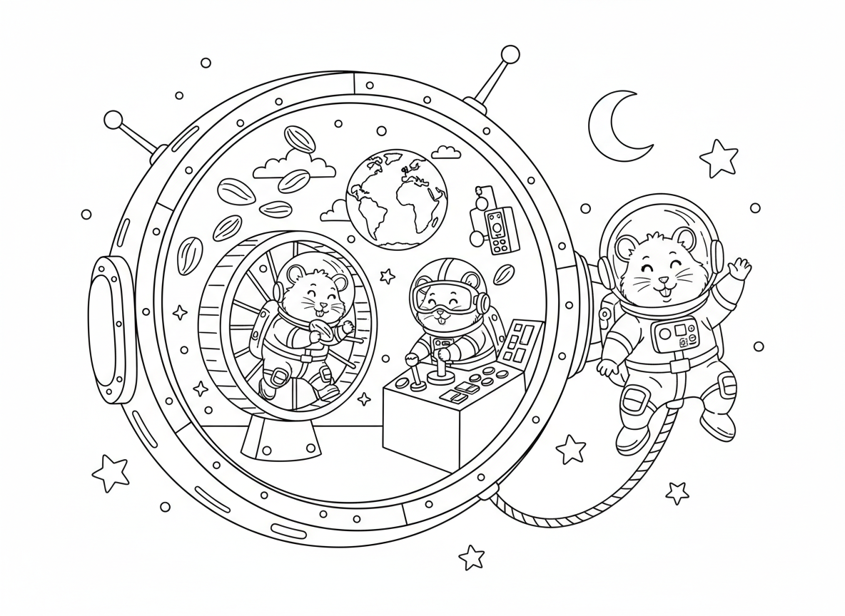 תחנת חלל של אוגרים - אוגרים מרחפים בחוסר כבידה ורצים על גלגלי חלל, אוגר אסטרונאוט אוכל גרעינים מרחפים, חדר בקרה עם אוגרים לוחצים כפתורים גדולים, הליכת חלל של אוגר, ונוף כדור הארץ מהחלון