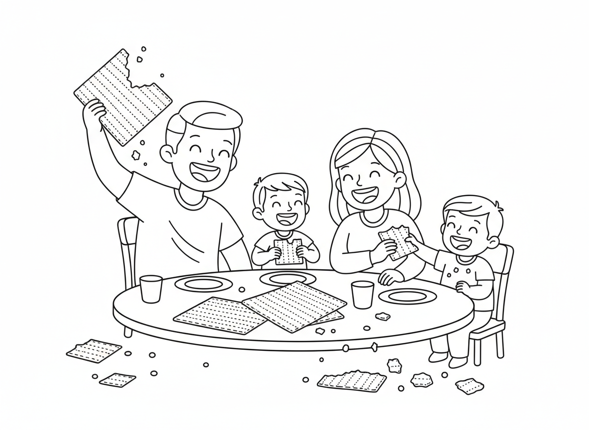 אוכלים מצה ביחד - משפחה שמחה שוברת ואוכלת מצה ביחד ליד השולחן, חיוכים גדולים, חתיכות מצה פריכות, פירורים נופלים, ילדים נהנים, רגע משפחתי פשוט וחמים