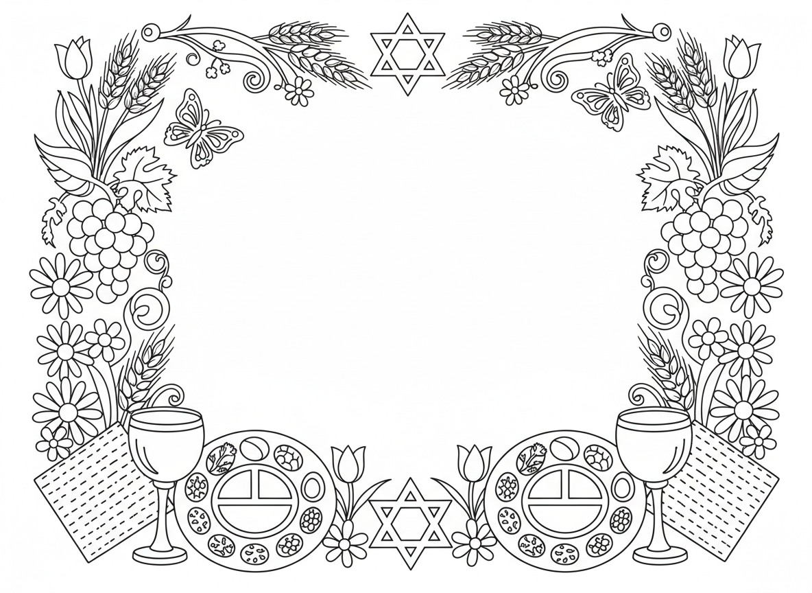 מסגרת סמלי חג הפסח - מסגרת דקורטיבית עשויה מסמלי פסח: מצה, כוסות יין, פריטי קערת סדר, פרחי אביב, פרפרים, גפנים, שיבולי חיטה, מגן דוד, מרכז ריק לצביעה
