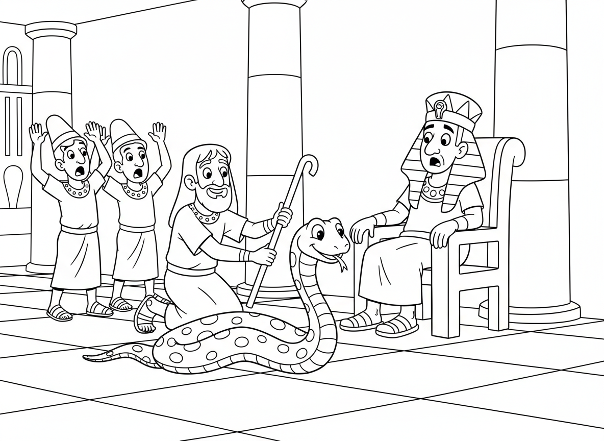 מטה אהרון הופך לנחש - אהרון משליך את מטהו לפני פרעה והוא הופך לנחש, חרטומי פרעה בהלם, חדר כס המלכות המצרי, רגע דרמטי, נחש על הרצפה, מטה בתהליך שינוי