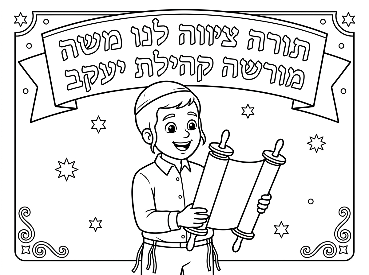 שלום.
צור לי בבקשה ציור שמתבסס על הפסוק "תורה ציווה לנו משה מורשה קהילת יעקב"
של ילד יהודי עם כיפה נקיה ללא קישקושים או עם כיתוב צ"ה, עם ציצית, ילד חסידי.