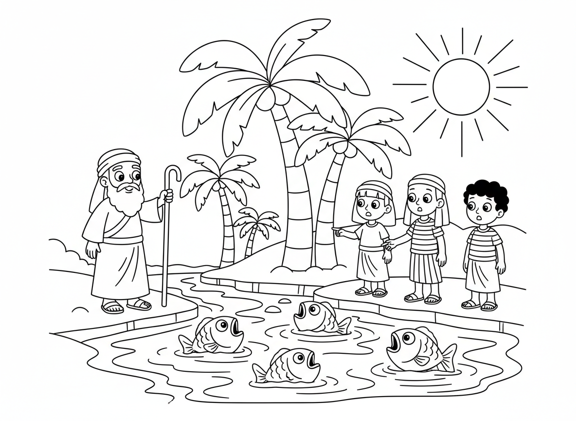 נהר הנילוס הופך לדם - סצנה ידידותית לילדים של הנילוס הופך אדום במכה הראשונה, דגים קופצים החוצה, מצרים מופתעים מסתכלים על המים האדומים, דקלים לאורך הנהר, משה עם מטה מורם