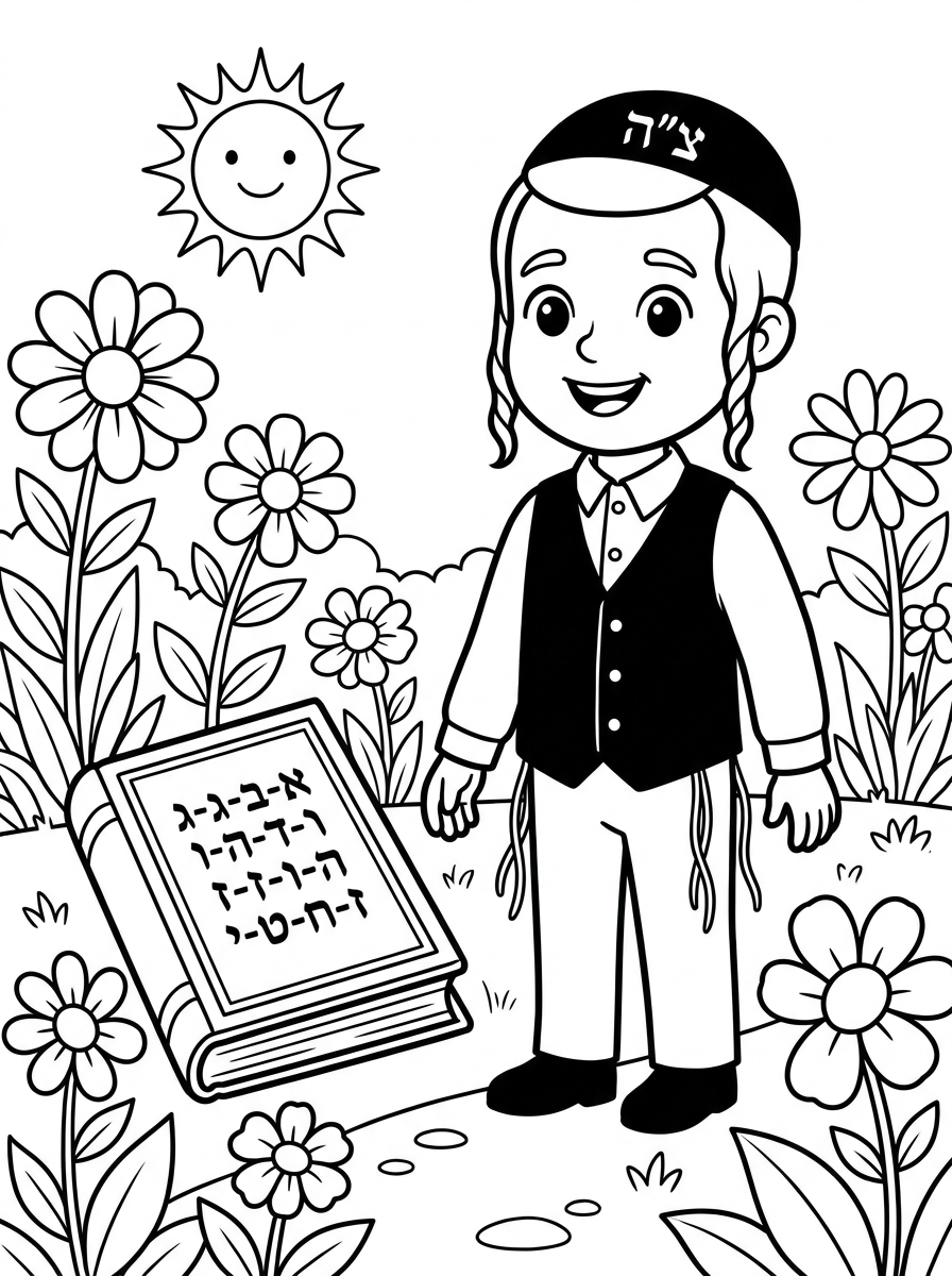 לא.
תדייק את זה בבקשה.
ילד שרואים את כל הגוף שלו, ציור לאורך ולא לרוחב.
ציור שיתאים לגילאי 3-5.
שיהיה כתוב על הכיפה צ"ה.
שהציצית תהיה יותר דקה.
שהספר תורה יהיה סגור ויהיה כתוב עליו אותיות א-ב, עד לאות י'.
שיהיה מסביב כמו גינה עם פרחים יפים.