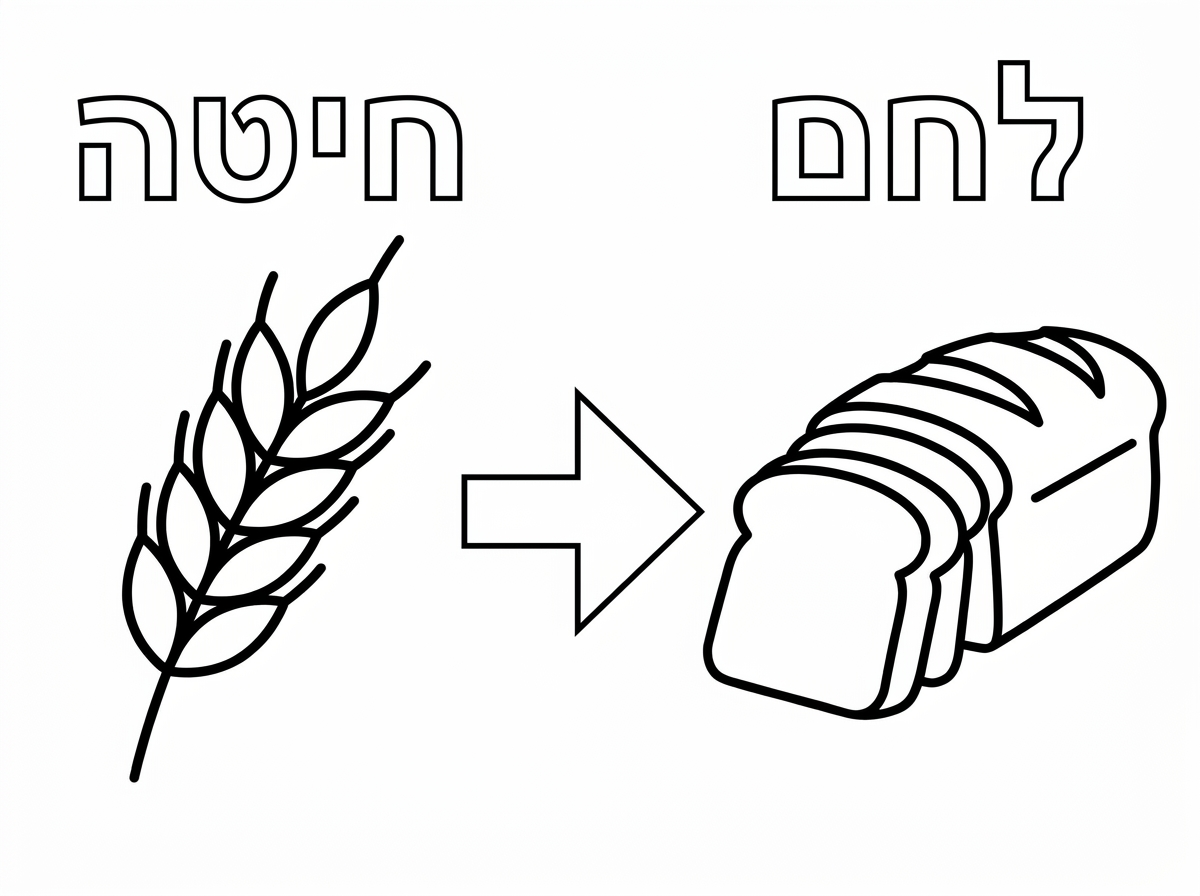 הציור הזה יותר יפה תוכל לשים את המילה חיטה ולצייר חיטה למטה תוריד את המילה חץ שיישאר רק ציור של חץ ומתחת ללחם תצייר לחם,קודם חיטה ואחר כך לחם