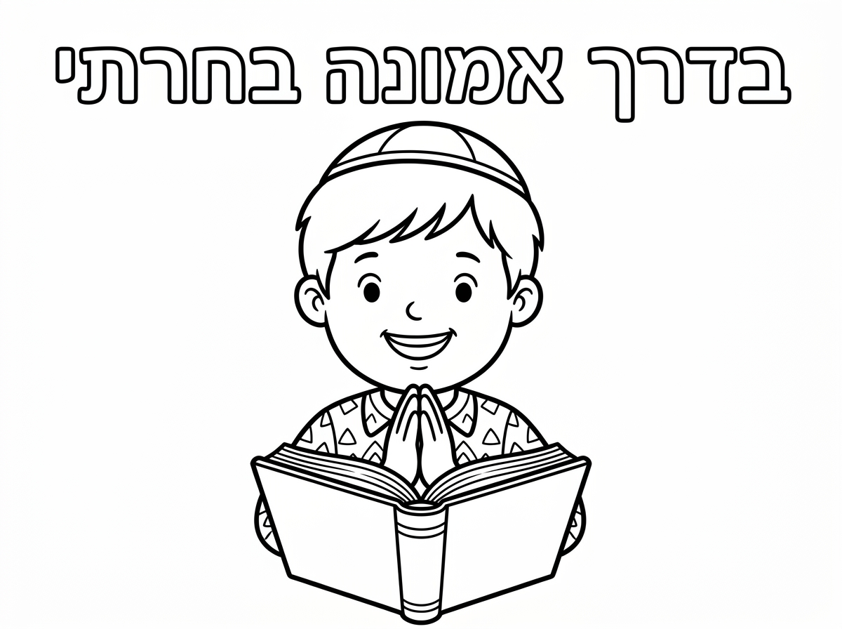 דף של ילד עם כיפה מתפלל עם סידור ולכתוב למעלה בדרך אמונה בחרתי