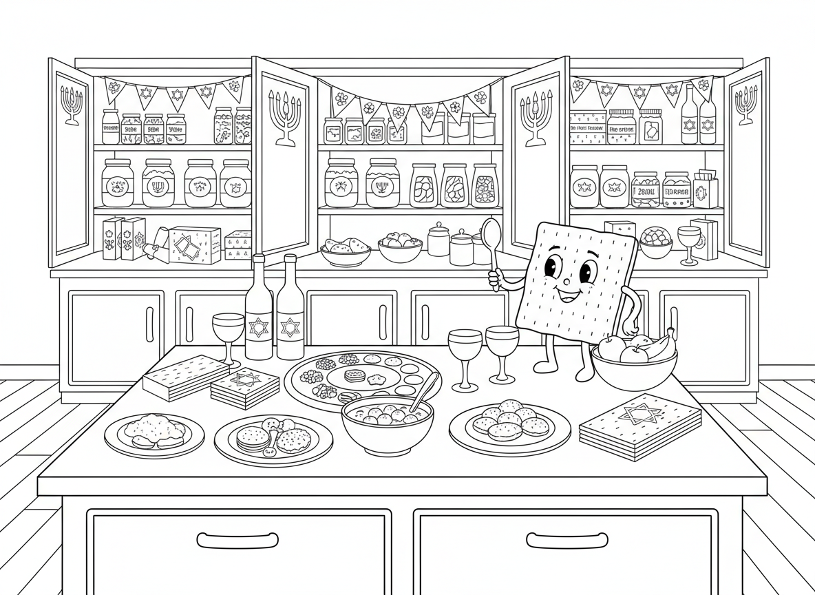 מטבח פסח עם כלים מיוחדים - מטבח בפסח עם כלי פסח מיוחדים וכלי אוכל בתצוגה, אוכל כשר לפסח במזווה, קופסאות מצות, בקבוקי יין, נקי ומסודר, קישוטים חגיגיים