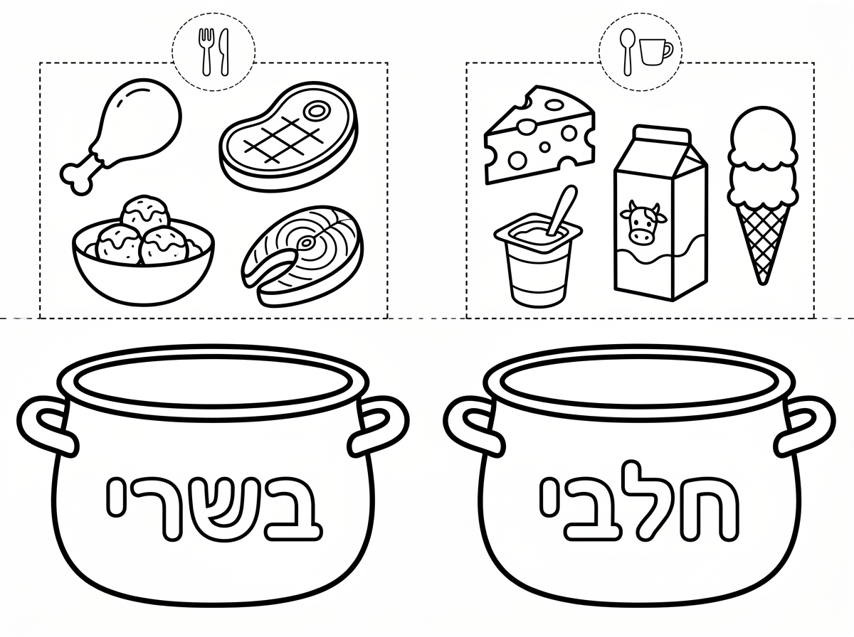 תיצור לי דף עבודה עם תמונות של מאכלים בשריים וחלביים ו2 סירים גדולים, אחד בשרי ואחד חלבי כך שיוכלו לגזור את התמונות ולהדביק אותם בתוך הסירים