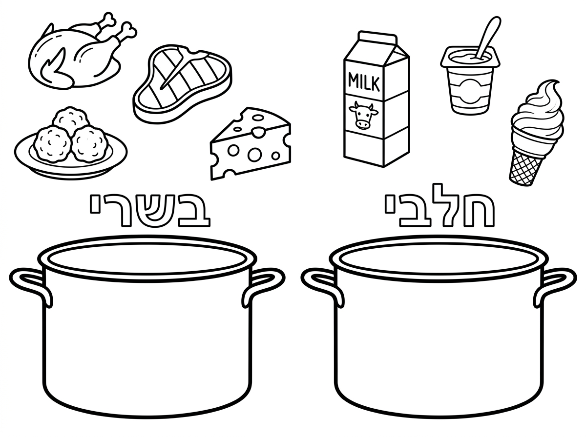 תערבב את התמונות של המאכלים בלי מסגרת סביב כל אחד
ותעביר את הכיתוב של בשרי וחלבי מעל הסירים