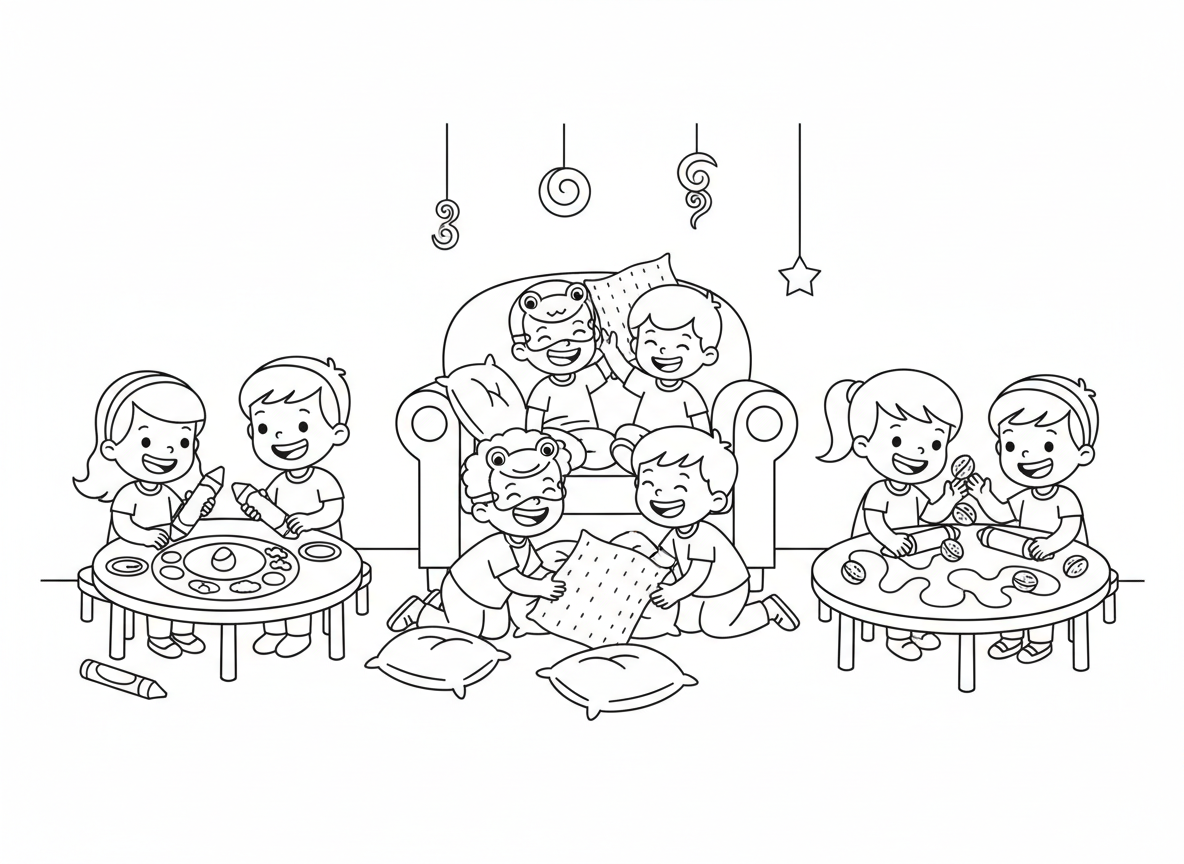 ילדים משחקים משחקי פסח - ילדים משחקים משחקי פסח מסורתיים, קבוצה אחת מחפשת אפיקומן, אחרים משחקים עם אגוזים, מסכות מכות על חלק מהילדים, פעילות צביעת קערת סדר, אווירת חג כיפית