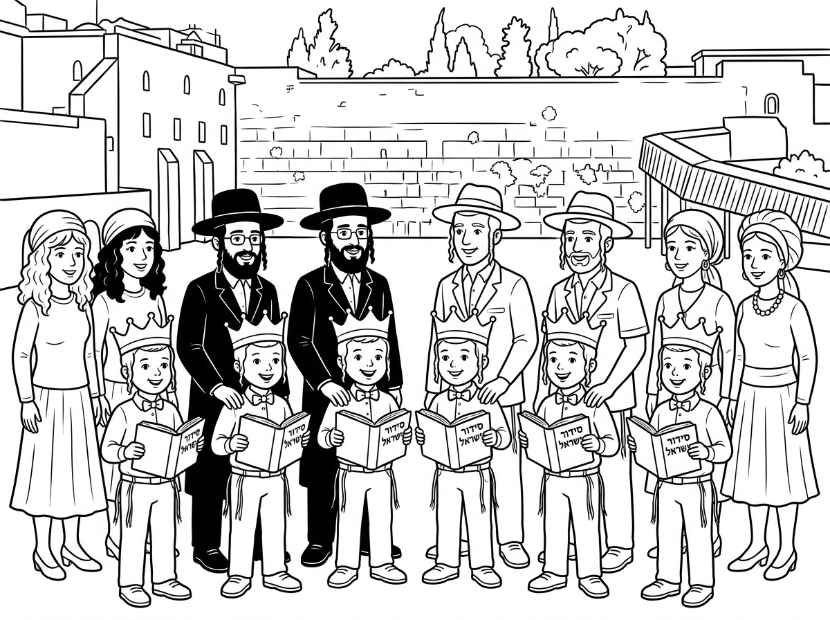 קבוצת 8 ילדים מיוחדים בגלאיים 7-8 עם כתר לראשם, במסיבת סידור
חולצה עם פפיון, ציציות, וסידור תפילה ביד וכתוב עליו
סידור
נר ישראל
ליד כל ילד מדריך 4 מדרכים חרדיים עם כובע וחליפה ופאות, ו4 מדרכים עם כובע וחליפה קצרה.
מאחור נראה הכותל המערבי
בצד נראות 4 מורות 2 אם פאה  וחצאית וכיסוי ראש  ו2 עם כיסוי ראש וחצאית בלבוש חגיגי