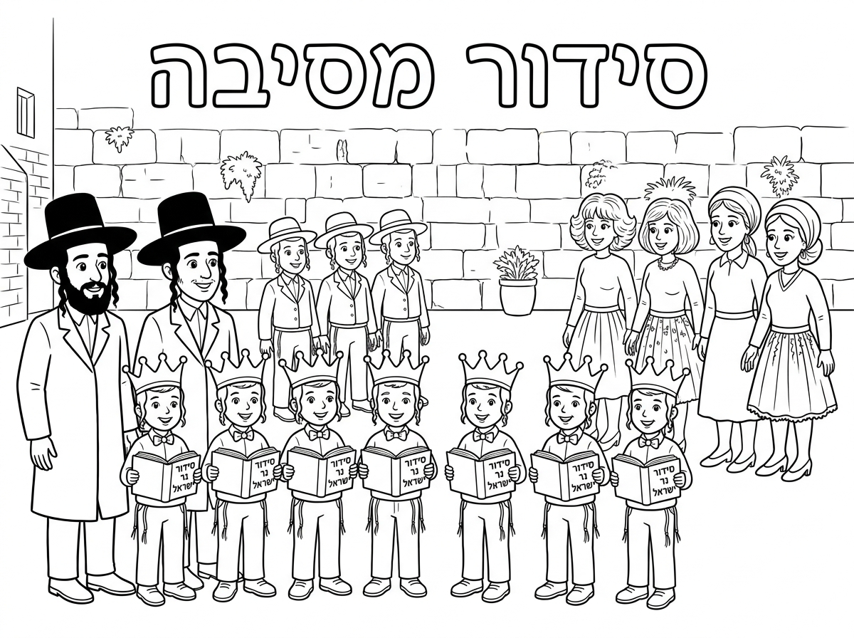 קבוצת של  8 ילדים מיוחדים בגלאיים 7-8 עם כתר לראשם, במסיבת סידור
חולצה עם פפיון, ציציות, וסידור תפילה ביד וכתוב עליו
סידור
נר ישראל
ליד כל ילד מדריך 4 מדרכים חרדיים עם כובע וחליפה ופאות, ו4 מדרכים עם כובע וחליפה קצרה.
מאחור נראה הכותל המערבי
בצד נראות 4 מורות 2 אם פאה  וחצאית חגגית ו2 עם כיסוי ראש וחצאית בלבוש חגיגי