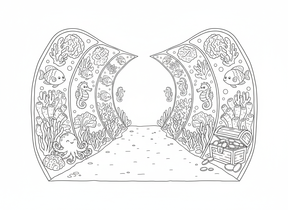 קריעת הים עם דגים ואלמוגים - מבט תת-ימי מקסים של ים סוף נקרע, קירות מים מראים שונית אלמוגים יפה, דגים צבעוניים, סוסוני ים, תמנון, ארגז אוצרות, הכל נראה בקירות המים, שביל יבש באמצע