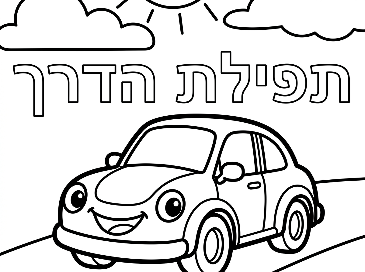 צביעה של מכונית על רבע דף ומאחורי המכונית תפילת הדרך