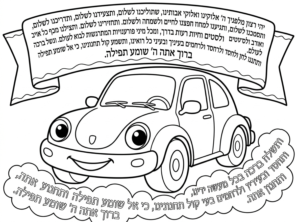 דף צביעה של מכונית על רבע דף, לא על דף שלם. ומאחורה או מקדימה על המכונית, אולי על המראה של המכונית, תפילת הדרך. התפילה עצמה, לא המילה תפילת הדרך, התפילה עצמה.