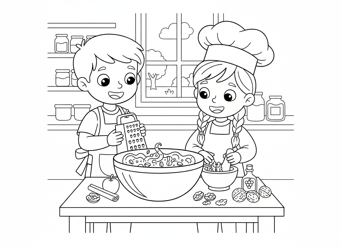 הכנת חרוסת עם תפוחים ואגוזים - סצנה כיפית של הכנת חרוסת, ילדים מגררים תפוחים ומערבבים עם אגוזי מלך, קינמון ויין, קערת ערבוב גדולה, מרכיבי המתכון פרוסים, מכתשת ועלי, תערובת מתוקה