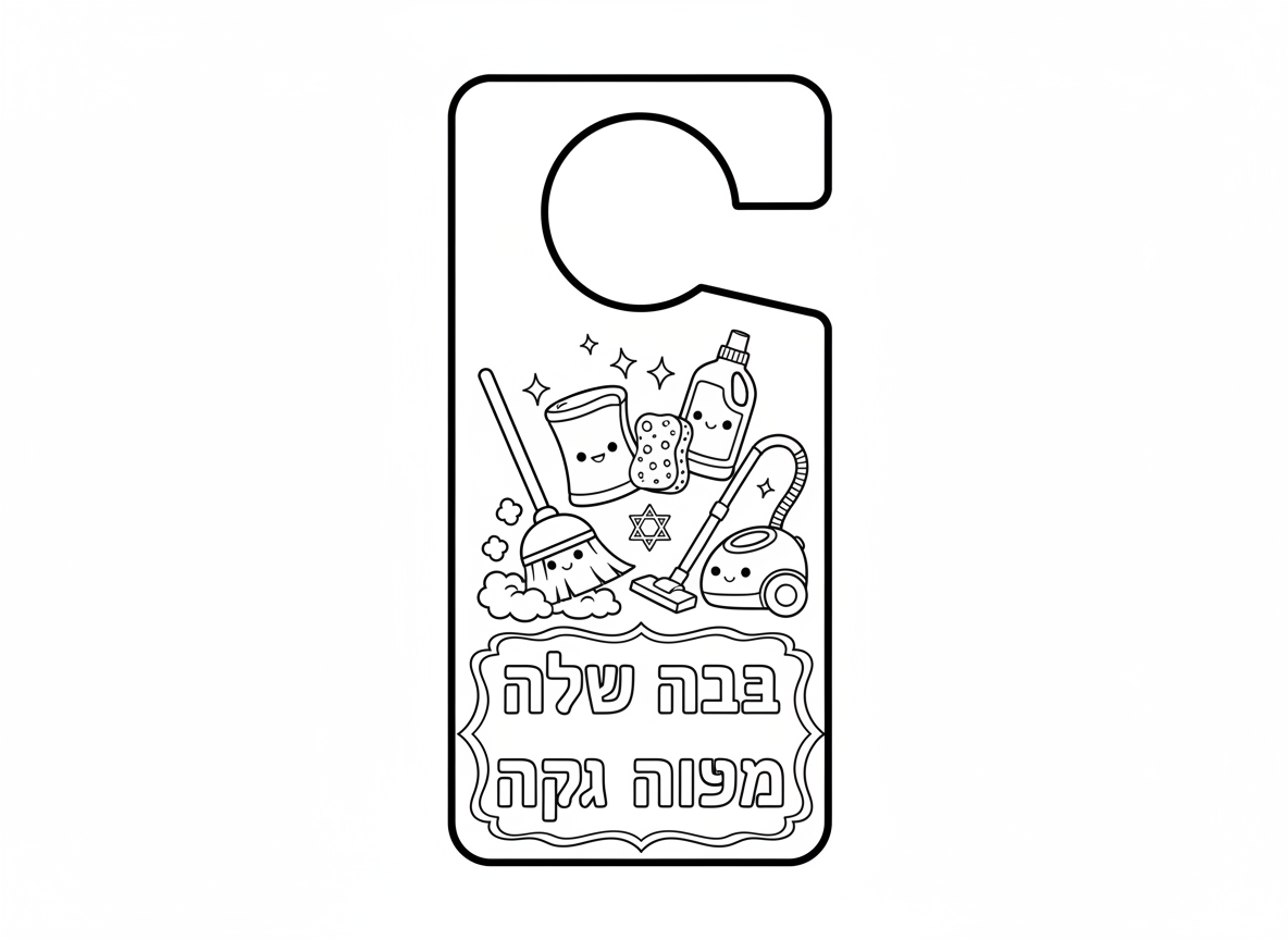 תוכל לייצר לי דף צביעה - בסגנון דף שצולים על ידית של דלת 
עם סגנון מנלה עם איורי נקיון ושכתוב שם 
החדר הזה נקי לפסח