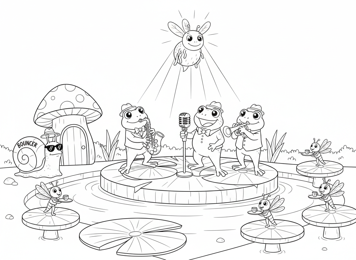מועדון ג׳אז של צפרדעים - צפרדעים מנגנות סקסופון על במת עלי שושנה, קרפדה שרה למיקרופון, גחלילית כזרקור, שפיריות מלצריות מגישות קוקטיילי זבובים, חילזון סדרן בדלת, ושולחנות פטריות