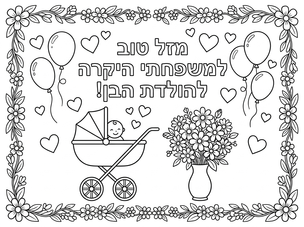 תכין לי ציור עם הכיתוב: מזל טוב למשפחתי היקרה להולדת הבן! בציור יהיה עגלה עם תינוק וליד העגלה זר פרחים, מסביב בלונים, לבבות, ומסגרת לדף מפרחים