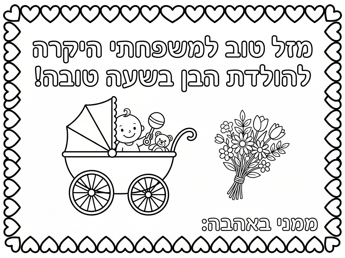 -תשנה את הכיתוב: מזל טוב למשפחתי היקרה להולדת הבן בשעה טובה! 
-הזר פרחים תעשה אותו קטן 
-תמחק את הבלונים הבודדים
-תוסיף בתחתית הדף שורה של-  ממני באהבה: