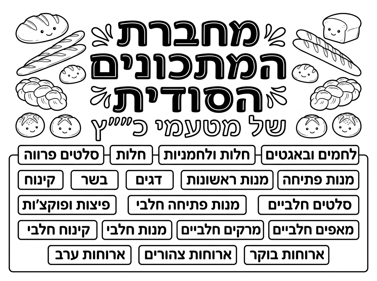 שער למחברת
ועליה כתוב

(ליד על כיתוב גם צייר תמונה של בגאטים ולחמים)

מחברת המתכונים הסודית של מטעמי כ"ץ
לחמים ובאגטים 
חלות ולחמניות
סלטים פרווה
מנות פתיחה
מנות ראשונות
דגים
בשר
קינוח
סלטים חלביים
מנות פתיחה חלבי
מנות חלביות
פיצות ופוקצ'ות
מאפים חלביים
מרקים חלביים
קינוח חלבי
ארוחות בוקר
ארוחות צהורים 
ארוחות ערב