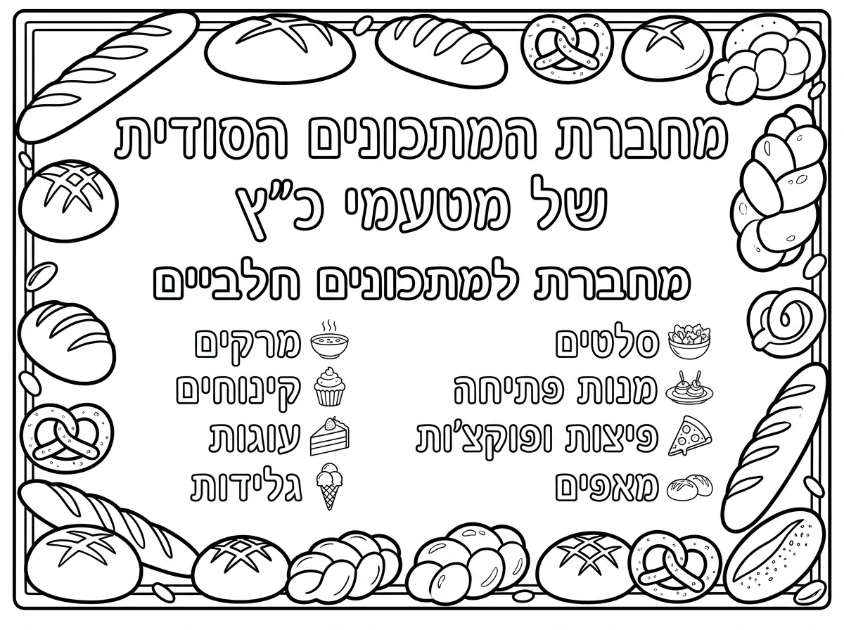 שער למחברת
ועליה כתוב

(ליד על כיתוב גם צייר תמונה של בגאטים ולחמים)

מחברת המתכונים הסודית של מטעמי כ"ץ
מחברת למתכונים חלביים

סלטים
מנות פתיחה
פיצות ופוקצ'ות
מאפים
מרקים
מנות
קינוחים
עוגות
גלידות