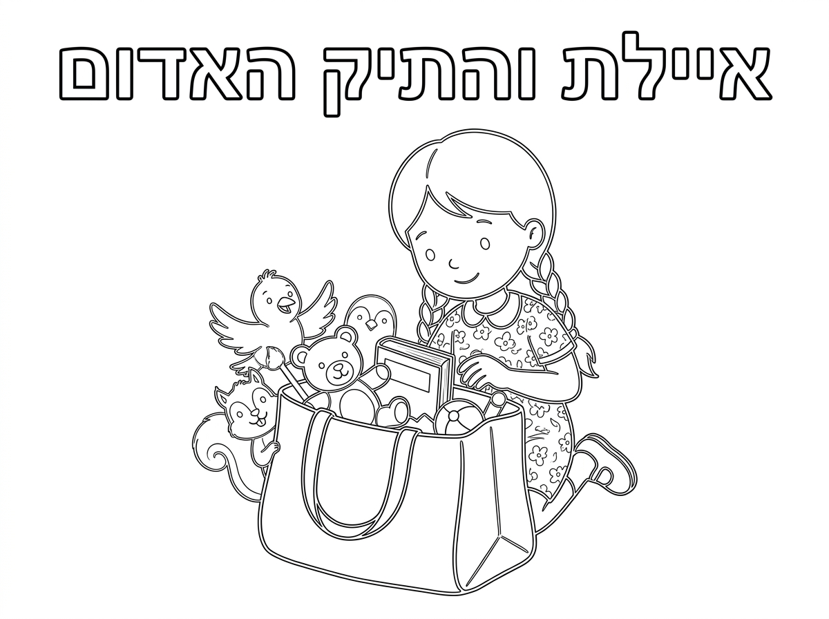 צור דף צביעה מתאים לסיפור "איילת והתיק האדום " ולמעלה כתוב באותיות חלולות: " איילת והתיק האדום"