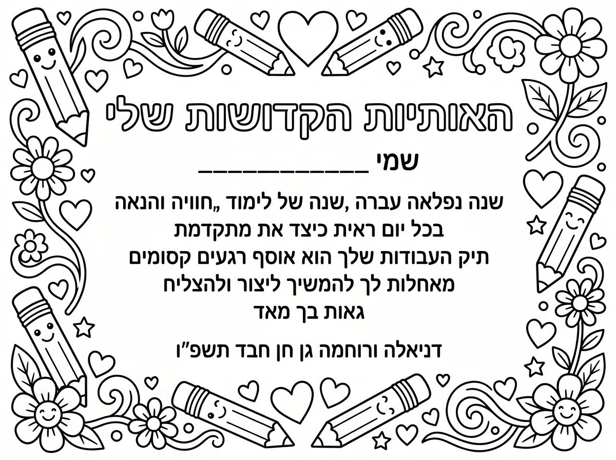 תכין לי דף  שהכותרת תהייה האותיות הקדושות שלי 
אחכ שמי __________
אחכ לכתוב 
שנה נפלאה עברה ,שנה של לימוד ,חוויה והנאה 
בכל יום ראית  כיצד את מתקדמת 
תיק העבודות שלך הוא אוסף רגעים קסומים 
מאחלות לך להמשיך ליצור ולהצליח 
גאות בך מאד 
דניאלה ורוחמה גן חן חבד תשפ"ו 
מסביב שיהיו ציורים של עפרונות לבבות ,ופרחים