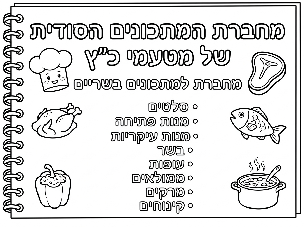 שער למחברת
ועליה כתוב

(ליד על כיתוב גם צייר תמונה של בשר עופות וממולאים)

מחברת המתכונים הסודית של מטעמי כ"ץ
מחברת למתכונים בשריים 

סלטים
מנות פתיחה
מנות עיקריות
בשר
עופות
ממולאים
מרקים
קינוחים