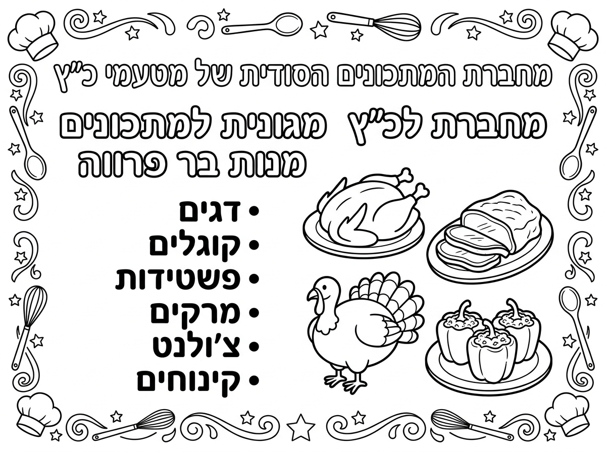 שער למחברת
ועליה כתוב

(ליד על כיתוב גם צייר תמונה של בשר עופות וממולאים)

מחברת המתכונים הסודית של מטעמי כ"ץ
מחברת למתכונים מנות בר פרווה
דגים
קוגלים
פשטידות
מרקים
צ'ולנט
קינוחים