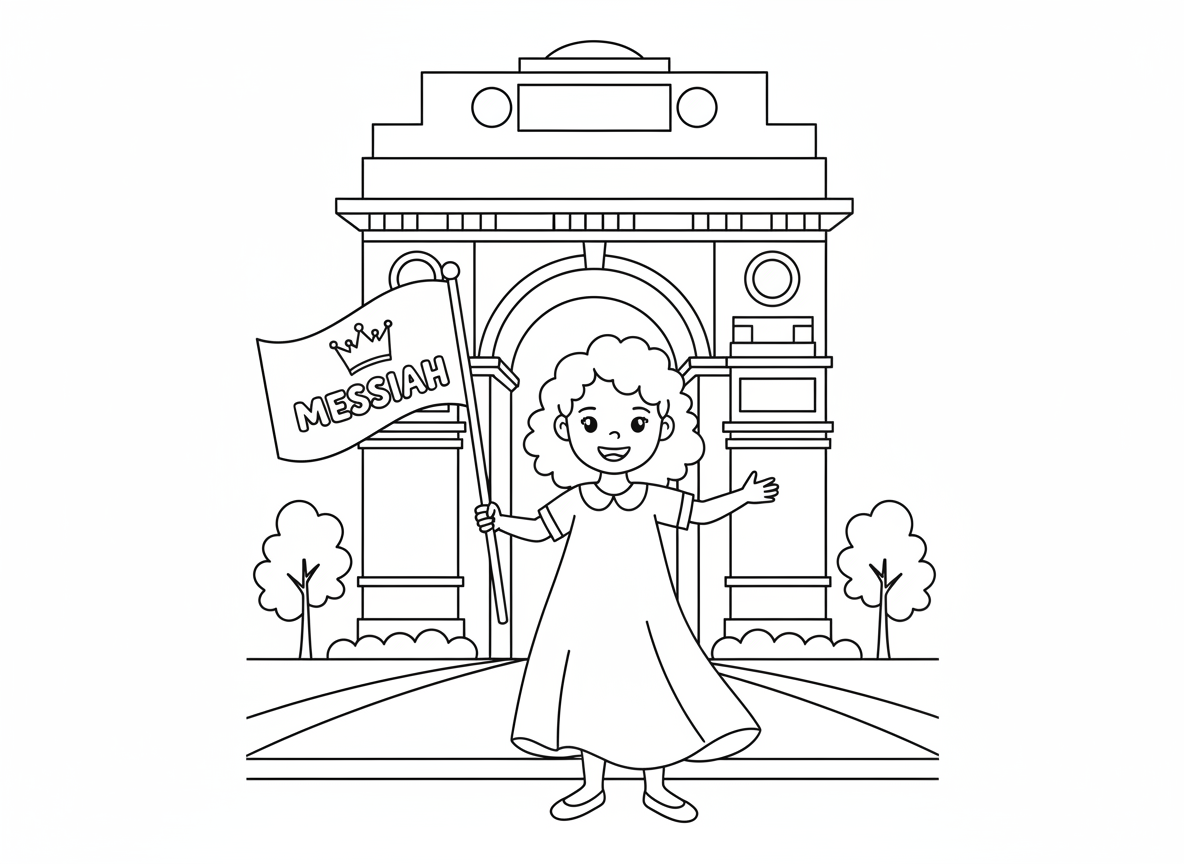 ילדה עם שמלה בשער הודו מחזיקה דגל שיש בו כתר וכתוב עליו משיח