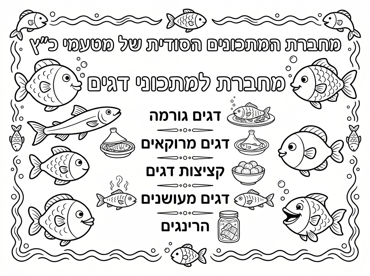 שער למחברת
ועליה כתוב

(ליד על כיתוב גם צייר תמונה של דגים)

מחברת המתכונים הסודית של מטעמי כ"ץ
מחברת למתכוני דגים
דגים גורמה
דגים מרוקאים
קציצות דגים
דגים מעושנים
הרינגים