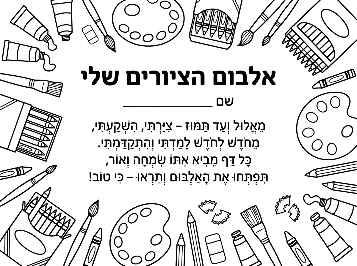 תכין לי דף שבו יהיה כתוב : 
כותרת - אלבום הציורים שלי 
מתחת שם _______
אחכ שיהיה כתוב
​מֵאֱלוּל וְעַד תַּמּוּז – צִיַּרְתִּי, הִשְׁקַעְתִּי,
מֵחֹדֶשׁ לְחֹדֶשׁ לָמַדְתִּי וְהִתְקַדַּמְתִּי.
כָּל דַּף מֵבִיא אִתּוֹ שִׂמְחָה וְאוֹר,
תִּפְתְּחוּ אֶת הָאַלְבּוּם וְתִרְאוּ – כִּי טוֹב!
מסביב לדף ציור של צבעים
