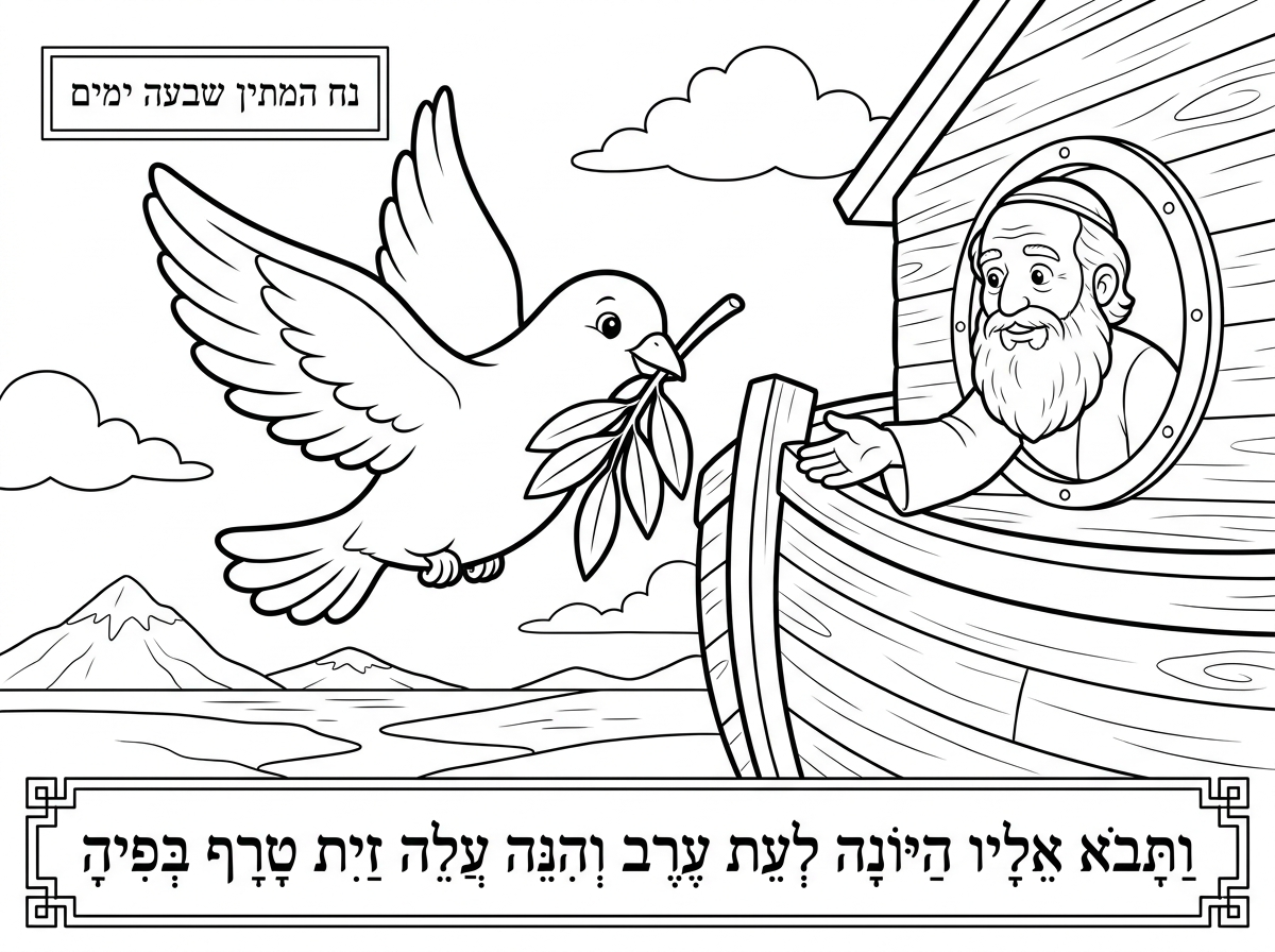 תיאור דף הצביעה: "היונה חוזרת עם עלה הזית"
מבנה וקומפוזיציה:
מרכז הדף: דמות של יונה לבנה גדולה ומרשימה המעוצבת בקווים עבים וברורים (כדי להקל על הצביעה בתוך הגבולות עבור תלמידים עם קשיי מוטוריקה עדינה)
.
פרט מרכזי: במקור של היונה מצויר עלה זית גדול וברור עם ורידים מודגשים, כך שהילדים יוכלו לצבוע אותו בירוק זית
.
צד הדף: חלק מחלון התיבה, ממנו מציצה דמותו של נח. נח יצויר עם זקן מלא וכיפה לראשו, כשהוא מושיט יד עדינה לקבל את היונה
.
רקע: שמיים נקיים עם מעט עננים פשוטים ופסגות הרים רחוקות המבצבצות מלמטה, כדי להמחיש שהמים אכן פחתו
.
דגשים לעיצוב והתאמה לימודית:
פשטות חזותית: הימנעות מפרטים קטנים מדי או "רעש" רקע, כדי לא להעמיס חזותית על התלמידים
.
טקסט לימודי: בתחתית הדף, בתוך מסגרת מעוטרת, יופיע הפסוק בגופן "פרנק-ריהל" גדול ומנוקד: "וַתָּבֹא אֵלָיו הַיּוֹנָה לְעֵת עֶרֶב וְהִנֵּה עֲלֵה זַיִת טָרָף בְּפִיהָ" (בראשית ח', י"א)
.
ערך מוסף: בפינה העליונה ניתן להוסיף כיתוב קטן לצביעה: "נח המתין שבעה ימים", כדי להדגיש את מידת הסבלנות שנלמדה בשקופית
.
