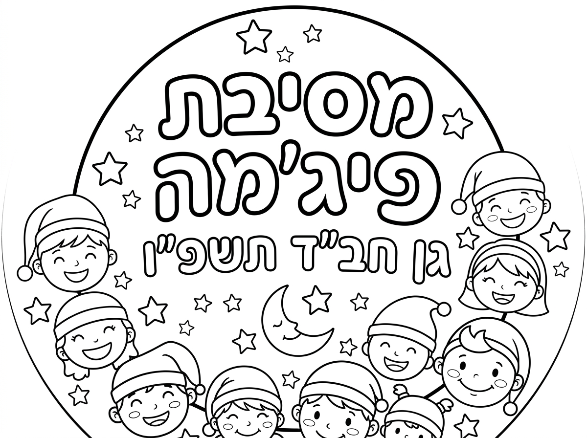 היי צור לי בבקשה
 דף עגול שרשום על זה
מסיבת פיגמה
גן חב"ד תשפ"ו

עם כוכבים יירח וחיוכים