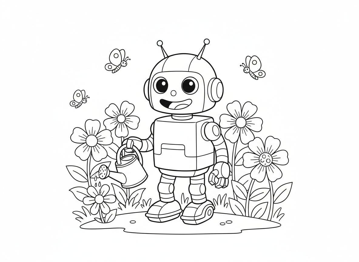 רובוט חמוד בגן פרחים
