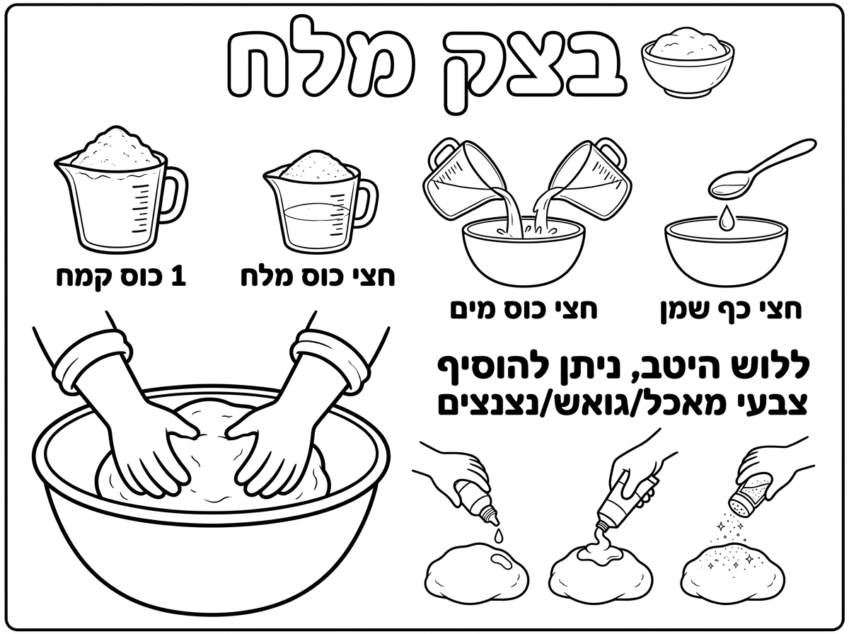 דף מתכון עם ציור לצביעה 
בצק מלח:
1 כוס קמח
חצי כוס מלח
חצי כוס מים
חצי כף שמן
ללוש היטב, ניתן להוסיף צבעי מאכל/גואש/נצנצים